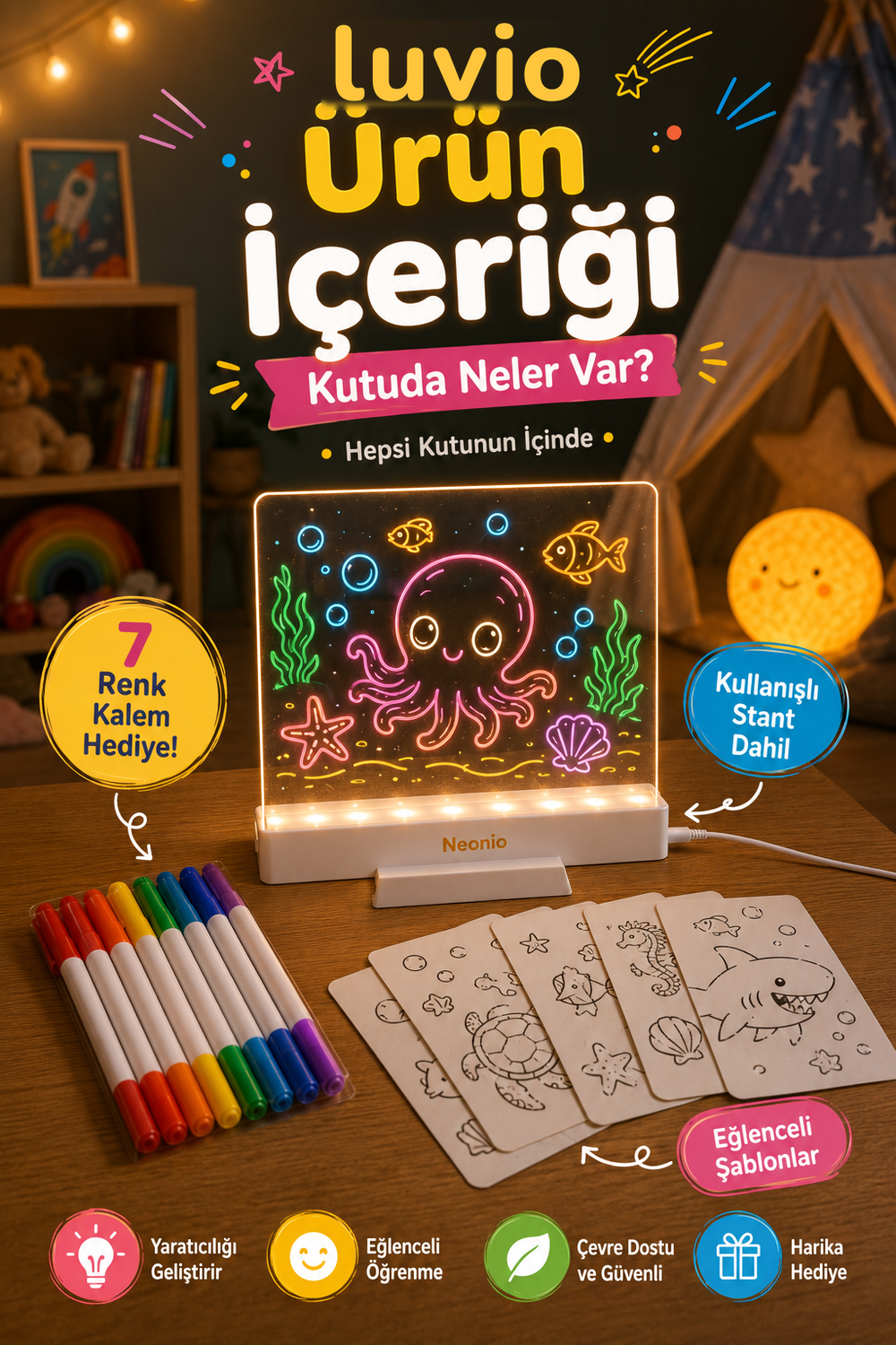 Luvio LED Işıklı Çizim ve Boyama Panosu – Stantlı, 7 Kalemli Çocuk Aktivite Seti