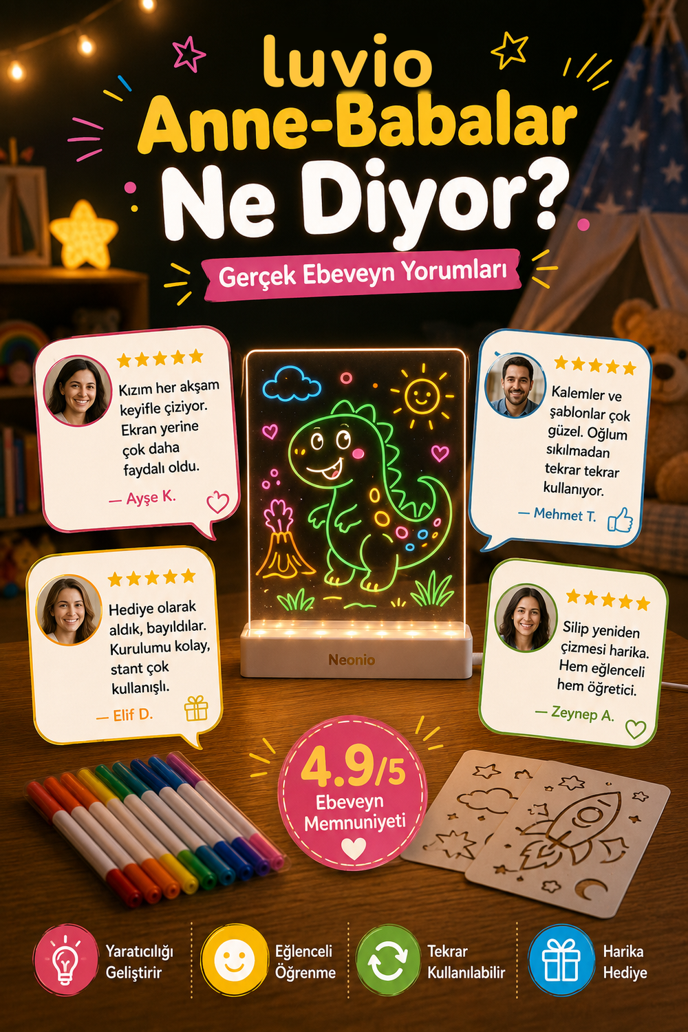 Luvio LED Işıklı Çizim ve Boyama Panosu – Stantlı, 7 Kalemli Çocuk Aktivite Seti